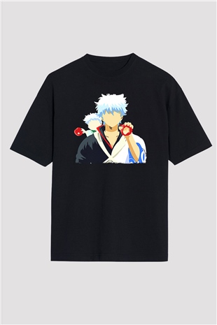 Gintama Baskılı Unisex Siyah Oversize Tişört - Tshirt