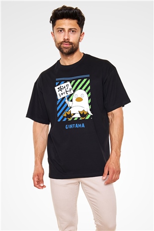 Gintama Baskılı Unisex Siyah Oversize Tişört - Tshirt