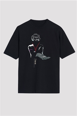 Gintama Baskılı Unisex Siyah Oversize Tişört - Tshirt