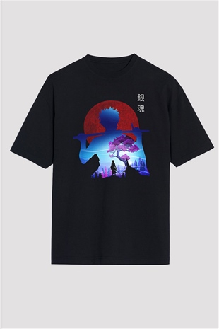 Gintama Baskılı Unisex Siyah Oversize Tişört - Tshirt