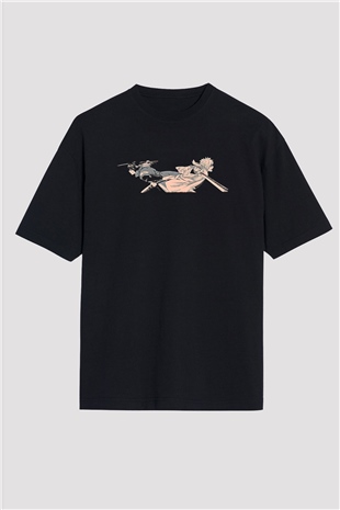 Gintama Baskılı Unisex Siyah Oversize Tişört - Tshirt