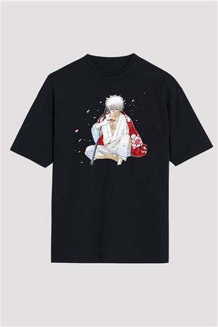 Gintama Baskılı Unisex Siyah Oversize Tişört - Tshirt
