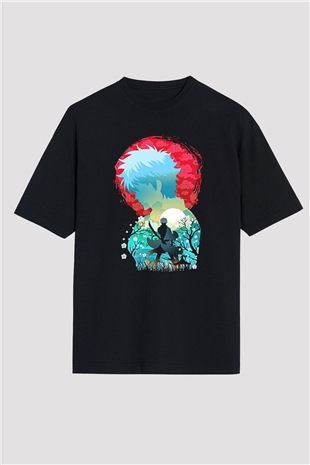 Gintama Baskılı Unisex Siyah Oversize Tişört - Tshirt