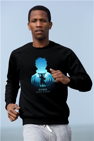 Gintama Baskılı Unisex Siyah Sweatshirt