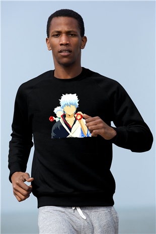 Gintama Baskılı Unisex Siyah Sweatshirt