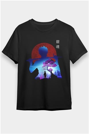 Gintama Baskılı Unisex Siyah Tişört - Tshirt