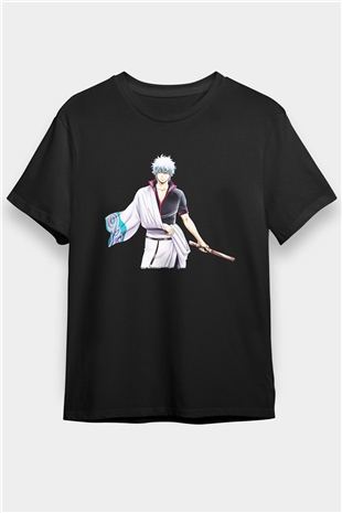 Gintama Baskılı Unisex Siyah Tişört - Tshirt