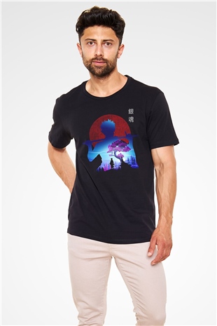 Gintama Baskılı Unisex Siyah Tişört - Tshirt