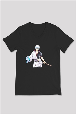Gintama Baskılı Unisex Siyah V Yaka Tişört - Tshirt