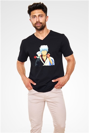Gintama Baskılı Unisex Siyah V Yaka Tişört - Tshirt