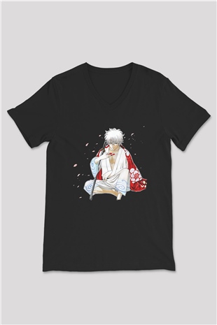 Gintama Baskılı Unisex Siyah V Yaka Tişört - Tshirt