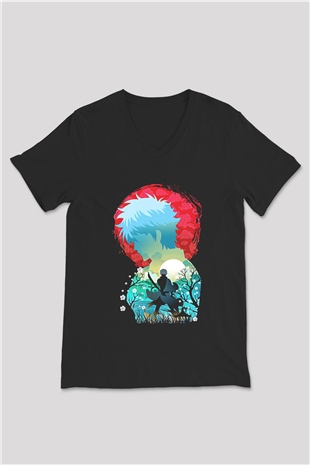 Gintama Baskılı Unisex Siyah V Yaka Tişört - Tshirt