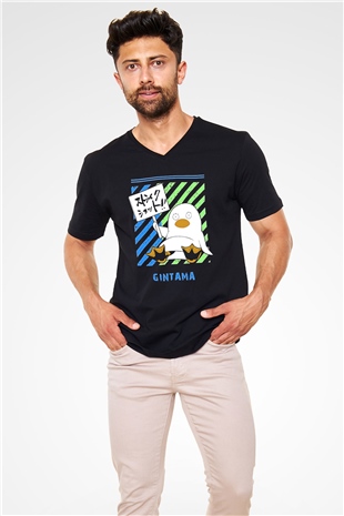 Gintama Baskılı Unisex Siyah V Yaka Tişört - Tshirt