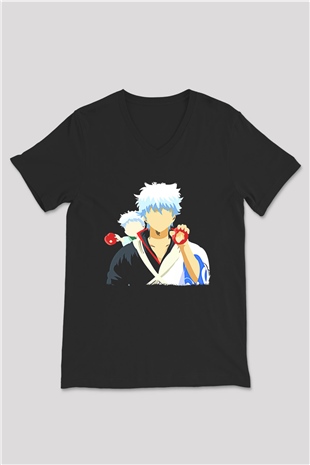 Gintama Baskılı Unisex Siyah V Yaka Tişört - Tshirt