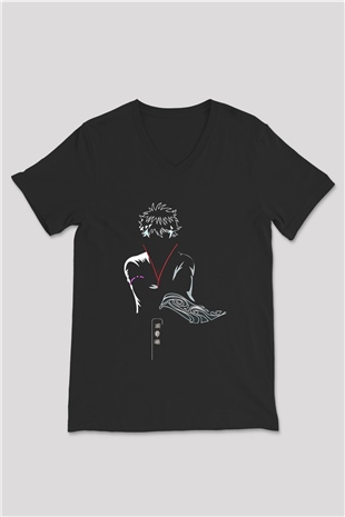 Gintama Baskılı Unisex Siyah V Yaka Tişört - Tshirt