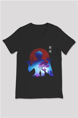 Gintama Baskılı Unisex Siyah V Yaka Tişört - Tshirt