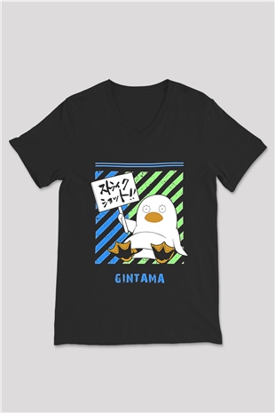 Gintama Baskılı Unisex Siyah V Yaka Tişört - Tshirt