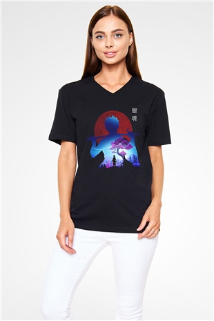 Gintama Baskılı Unisex Siyah V Yaka Tişört - Tshirt