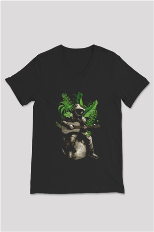 Gitarist Astronot Baskılı Unisex Siyah  V Yaka Tişört