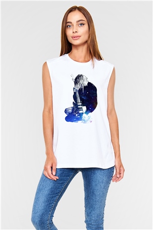 Gitarist Beyaz Unisex Kolsuz Tişört