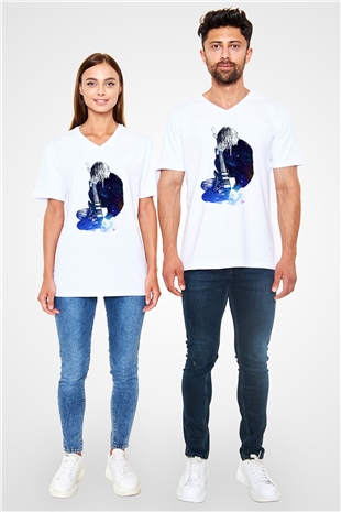 Gitarist Beyaz Unisex V Yaka Tişört