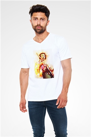 Gitarist Beyaz Unisex V Yaka Tişört