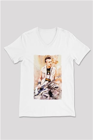 Gitarist Beyaz Unisex V Yaka Tişört