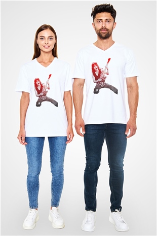 Gitarist Beyaz Unisex V Yaka Tişört