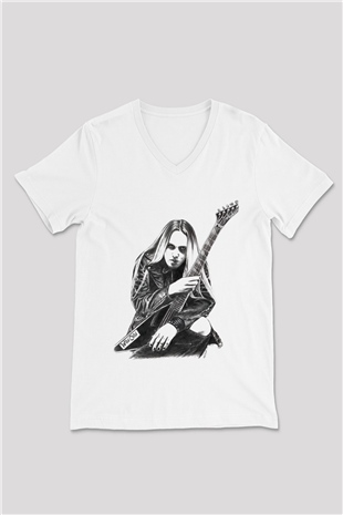 Gitarist Beyaz Unisex V Yaka Tişört