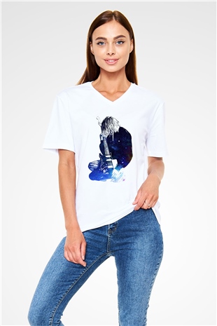 Gitarist Beyaz Unisex V Yaka Tişört