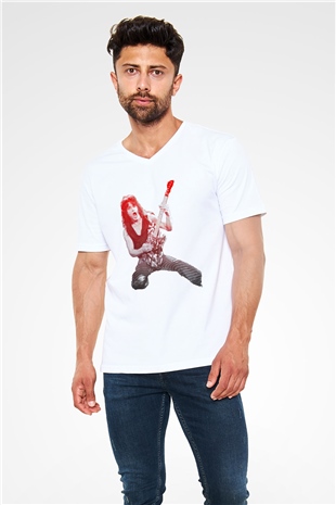 Gitarist Beyaz Unisex V Yaka Tişört