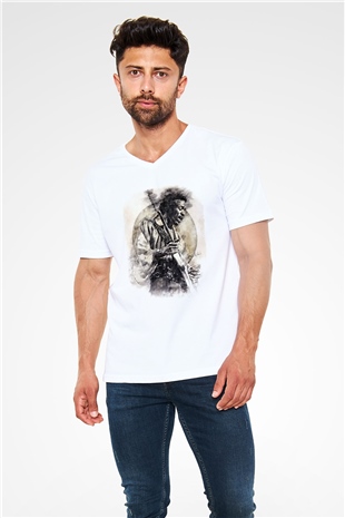 Gitarist Beyaz Unisex V Yaka Tişört