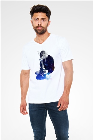 Gitarist Beyaz Unisex V Yaka Tişört