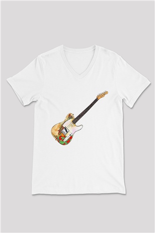 Gitarist Beyaz Unisex V Yaka Tişört