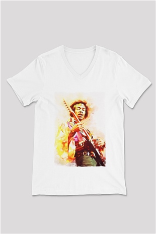 Gitarist Beyaz Unisex V Yaka Tişört