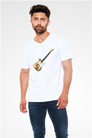 Gitarist Beyaz Unisex V Yaka Tişört