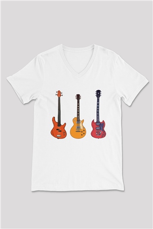 Gitarist Beyaz Unisex V Yaka Tişört