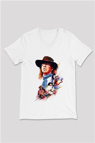 Gitarist Beyaz Unisex V Yaka Tişört T-Shirt