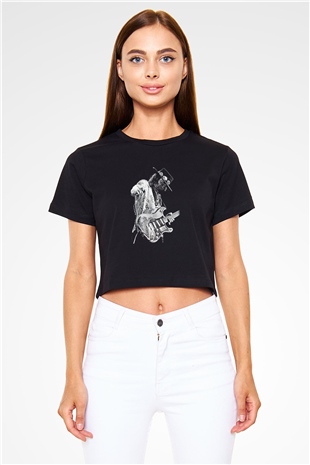 Gitarist Siyah Crop Top Tişört
