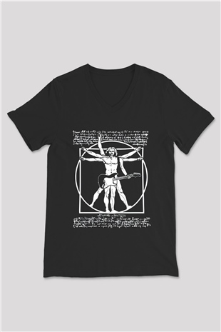 Gitarist Siyah Unisex V Yaka Tişört