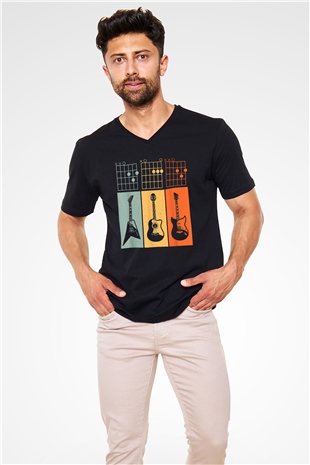 Gitarist Siyah Unisex V Yaka Tişört