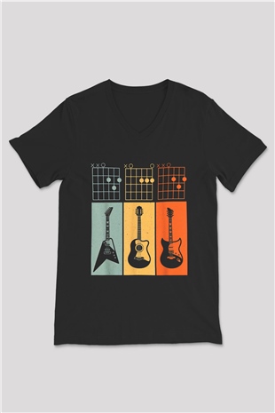Gitarist Siyah Unisex V Yaka Tişört