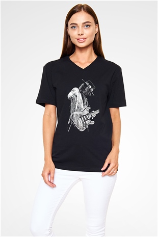 Gitarist Siyah Unisex V Yaka Tişört T-Shirt