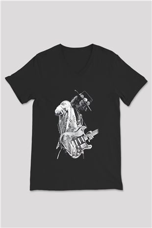 Gitarist Siyah Unisex V Yaka Tişört T-Shirt