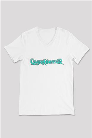 Gloryhammer Baskılı Beyaz Unisex V Yaka Tişört - Tshirt