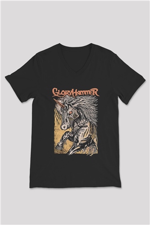 Gloryhammer Baskılı Unisex Siyah V Yaka Tişört - Tshirt
