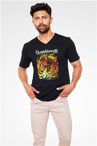 Gloryhammer Baskılı Unisex Siyah V Yaka Tişört - Tshirt