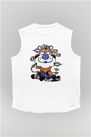 Go Kart Tony Baskılı Unisex Beyaz Kolsuz Tişört