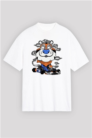 Go Kart Tony Baskılı Unisex Beyaz Oversize Tişört