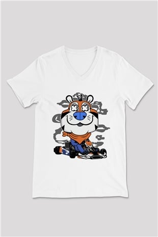 Go Kart Tony Baskılı Unisex Beyaz V Yaka Tişört